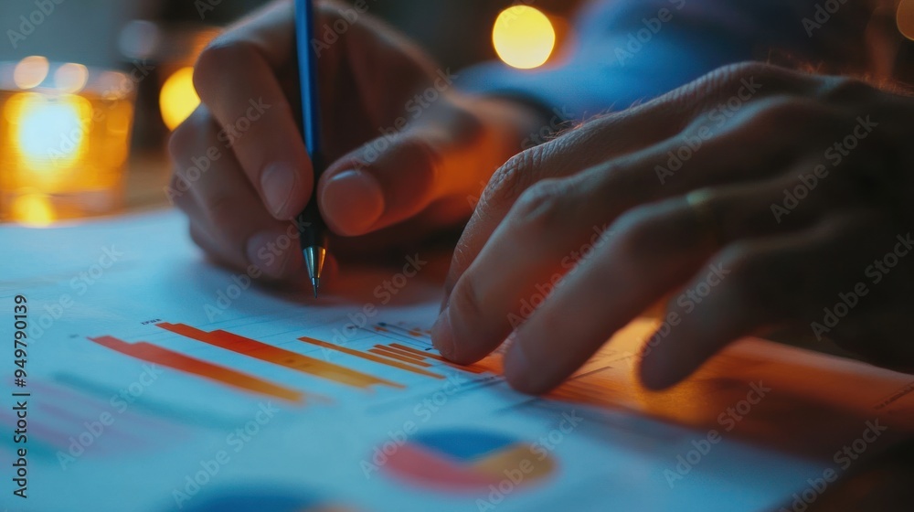A person analyzing colorful charts and data with a pen in hand, possibly during a business or research session, in a low-light environment. A person analyzing colorful charts and data with a pen in hand, possibly during a business or research session, in a low-light environment.