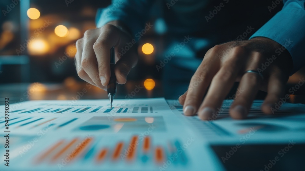 Close-up of a person's hands analyzing financial charts and data with a pen on a desk, illuminated by ambient office lighting. Close-up of a person's hands analyzing financial charts and data with a pen on a desk, illuminated by ambient office lighting.