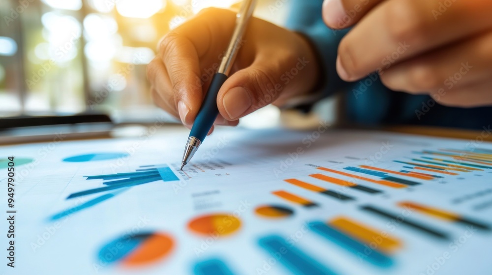 A person analyzing colorful graphs and charts on paper with a pen, focusing on data for business, finance, or research. A person analyzing colorful graphs and charts on paper with a pen, focusing on data for business, finance, or research.