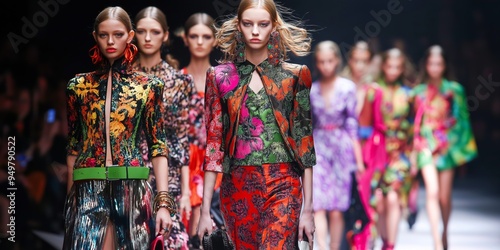 A group of women are walking down a runway wearing colorful and patterned clothing. Scene is lively and vibrant, with the women showcasing their unique and eye-catching outfits