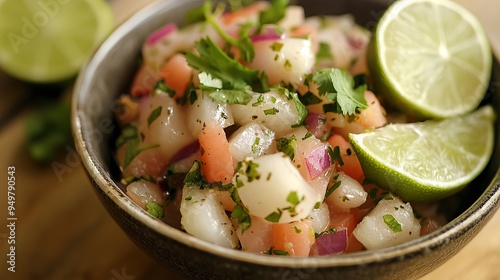 A vibrant dish of ceviche, garnished with fresh cilantro and lime. 