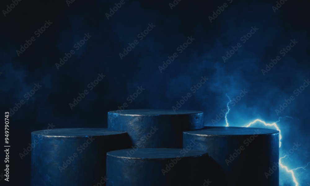 Blue podium with lightning strike backdrop Blue podium with lightning strike backdrop