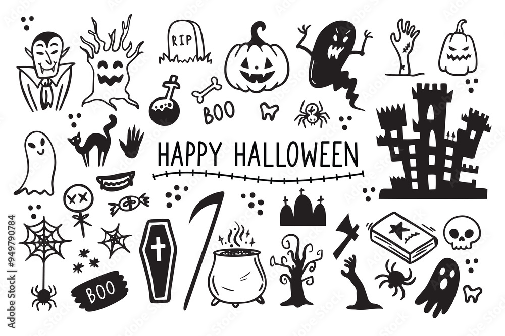 Halloween doodles black and white drawing set. Happy halloween doodle elements Design for prints, decoration of postcards and posters, stickers, sublimation
