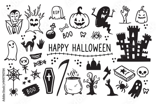 Halloween doodles black and white drawing set. Happy halloween doodle elements Design for prints, decoration of postcards and posters, stickers, sublimation