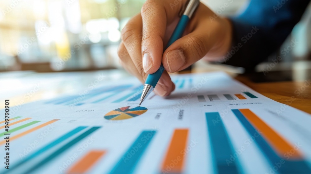 A person analyzing colorful bar and pie charts on paper with a pen, indicating a business performance review or data analysis in progress. A person analyzing colorful bar and pie charts on paper with a pen, indicating a business performance review or data analysis in progress.