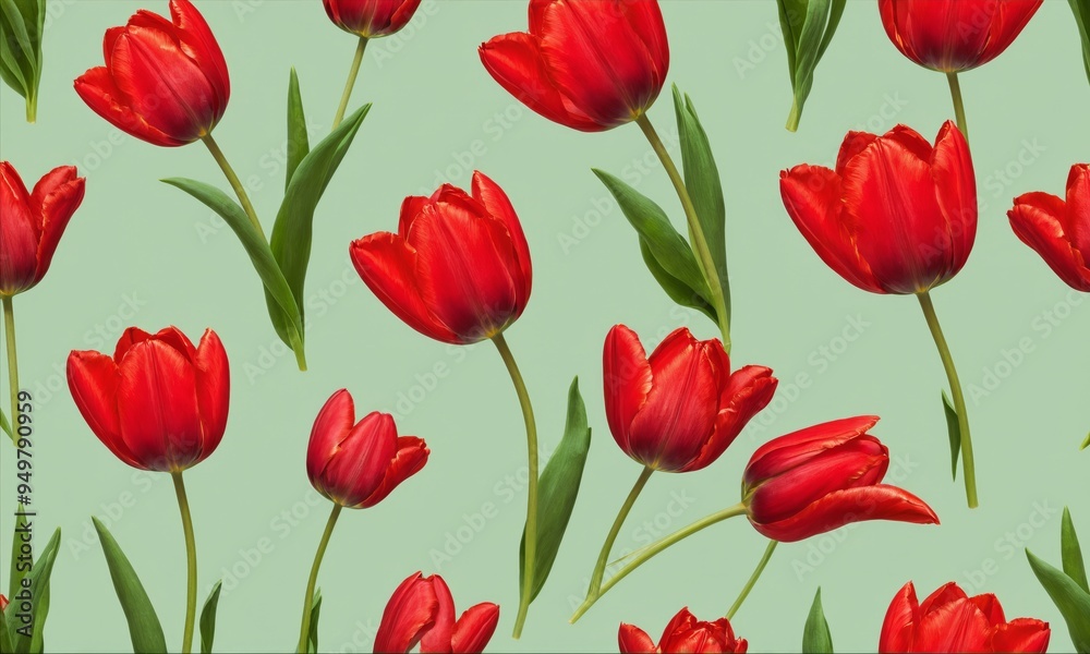 Red tulips with green stems on a green background Red tulips with green stems on a green background
