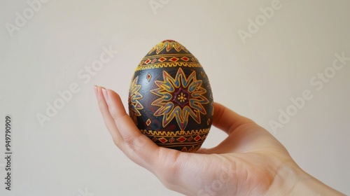 Hand holding a beautifully decorated Easter egg. photo