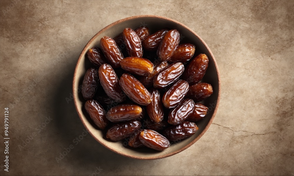 Dates in a bowl on a brown surface Dates in a bowl on a brown surface