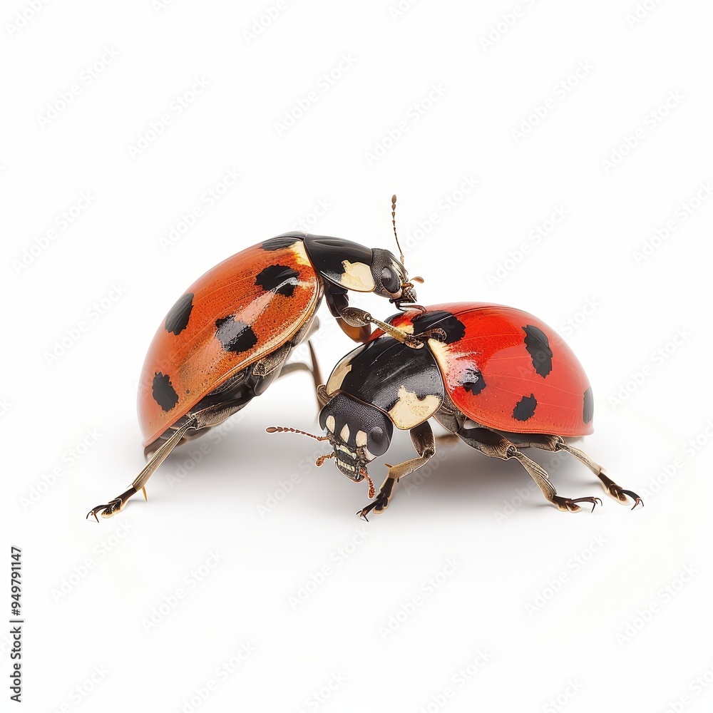 Fototapeta premium Ladybug Love Triangle: Three ladybugs huddle close, their vibrant red shells and black spots a stark contrast against the pristine white background. 