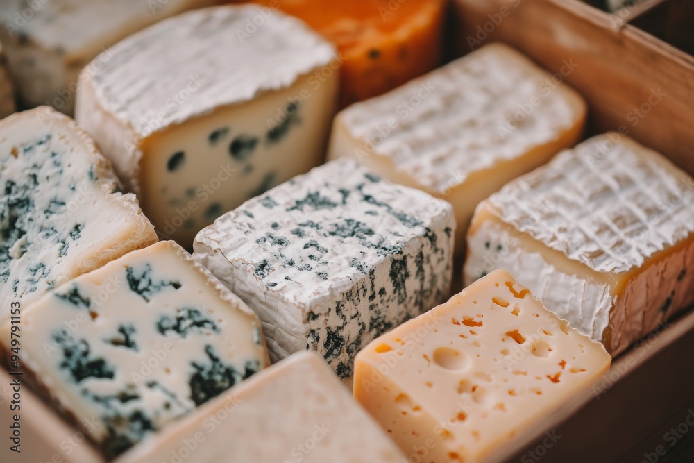 The image shows blue cheese, brie, and cheddar cheeses in a box The image shows blue cheese, brie, and cheddar cheeses in a box