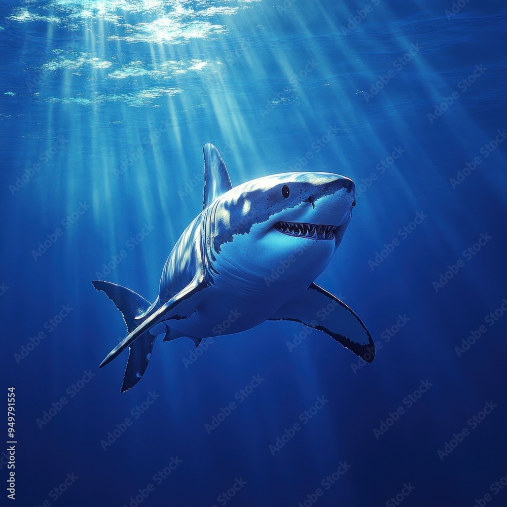 Fototapeta premium A Great White Shark Swimming Towards the Surface with Light Rays