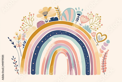 boho rainbow. hand drawn pastel rainbow baby greeting card decorative elements


