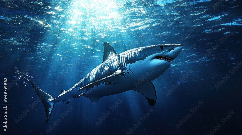 Fototapeta premium Great White Shark Swimming Underwater With Sunlight Rays