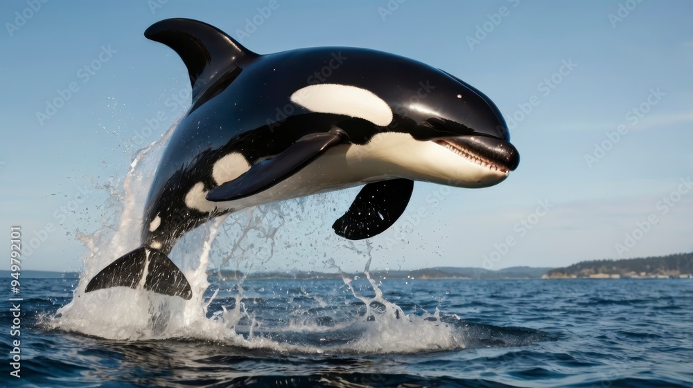 Fototapeta premium Orca whale jumping, ocean splashes, transparent background