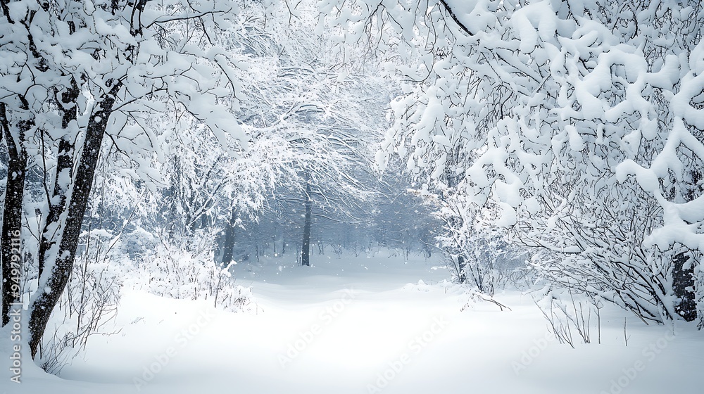 serene winter forest with snow-covered trees, branches heavy with fresh snow, and ample copy space in the foreground, creating a peaceful serene winter forest with snow-covered trees, branches heavy with fresh snow, and ample copy space in the foreground, creating a peaceful