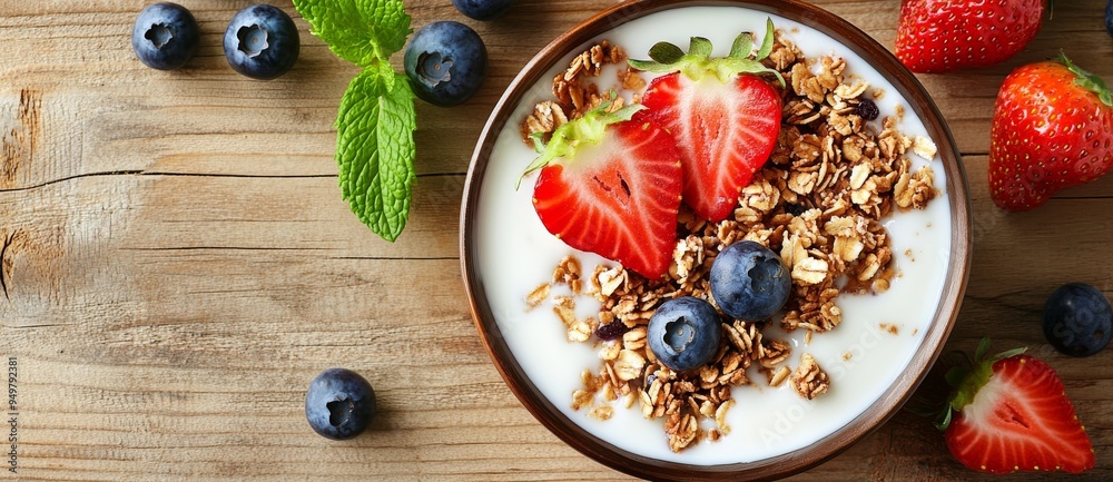 In a rustic setting with a wooden backdrop, granola yogurt is served with blueberries and strawberries