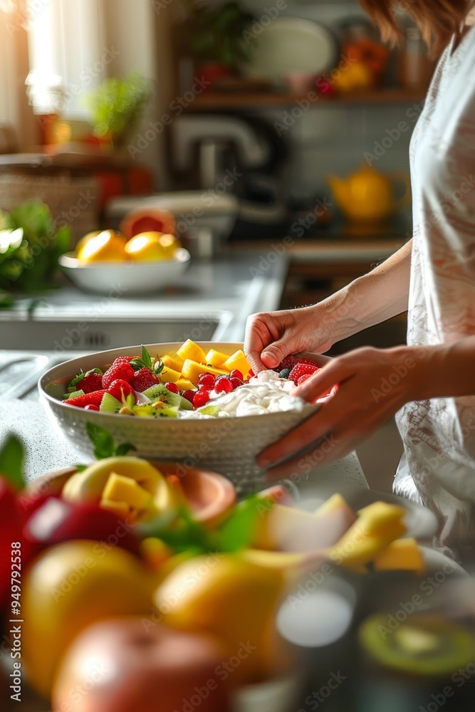 Healthy Breakfast Preparation: Woman Making a Fresh Fruit and Yogurt Parfait in a Bright Kitchen