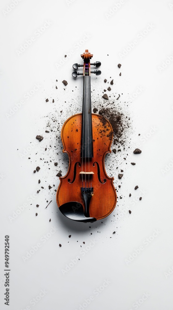 Fototapeta premium Broken violin surrounded by scattered pieces on white background