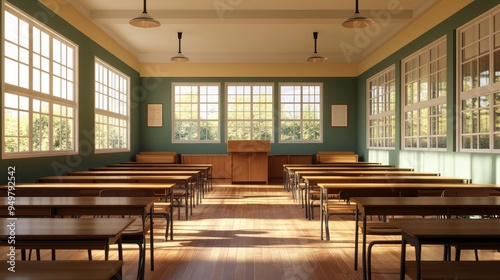 Empty classroom interior. AI generated illustration. photo