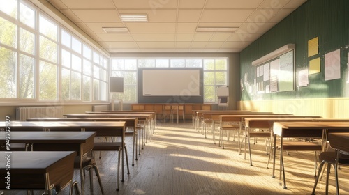 Empty classroom interior. AI generated illustration. photo