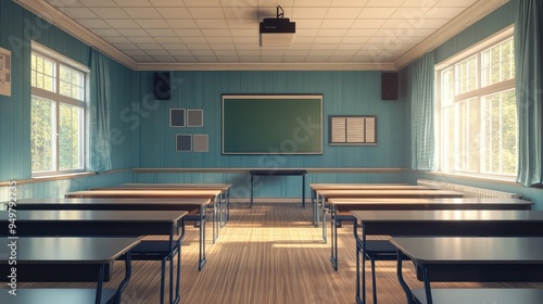 Empty classroom interior. AI generated illustration. photo