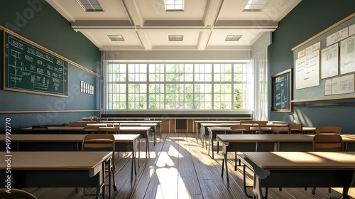 Empty classroom interior. AI generated illustration. photo