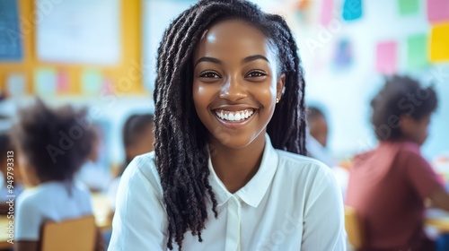 Teacher assisting student in classroom. AI generated illustration. photo