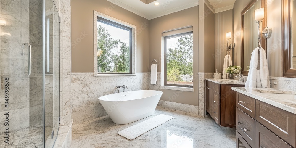 Luxury bathroom with marble, soaking tub and windows.