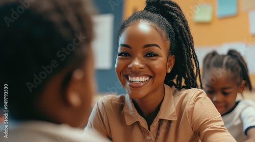 Teacher assisting student in classroom. AI generated illustration. photo