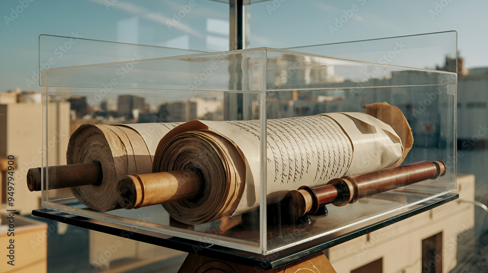 Ancient Scrolls in Transparent Casing on Wooden Stand High-Resolution 35mm Film Photo, Bridging Past and Present, with Warm-Toned Cityscape Background Ancient Scrolls in Transparent Casing on Wooden Stand High-Resolution 35mm Film Photo, Bridging Past and Present, with Warm-Toned Cityscape Background