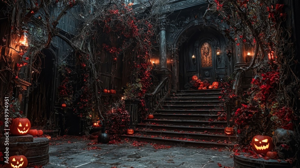Halloween Haunted House Entrance with Jack-o-Lanterns and Red Leaves
Halloween Haunted House Entrance with Jack-o-Lanterns and Red Leaves