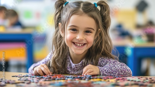 Smiling Girl Assembling Puzzle. AI generated illustration. photo