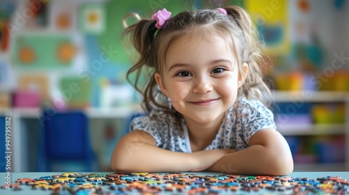 Smiling Girl Assembling Puzzle. AI generated illustration. photo