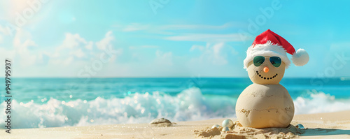 A playful sand snowman wearing sunglasses and a Santa hat, standing on a sunny beach with a blue sky and sea in the background, capturing the holiday spirit in a tropical setting