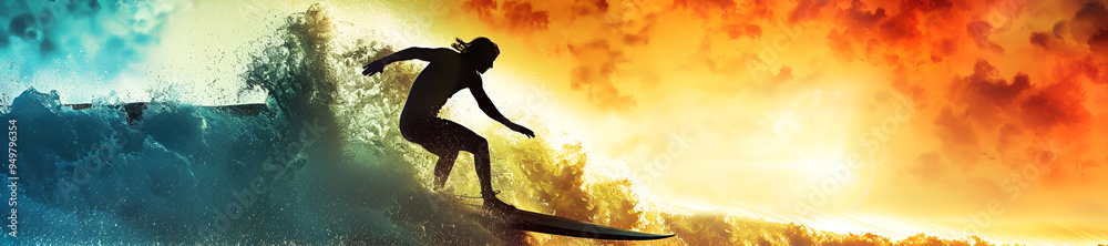 Naklejka premium A surfer riding a wave with the sun setting behind him, surfer riding wave, sunset surfing, wave rider, sun setting surf, surfer and sunset, surfing silhouette 