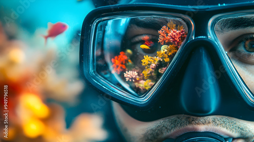 Scuba Mask Reflecting Vibrant Underwater Coral Reef and Marine Life