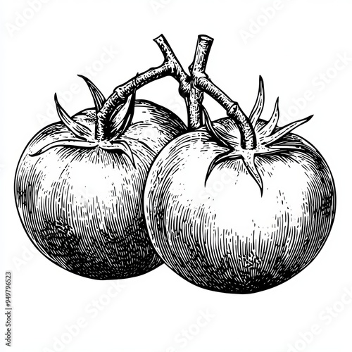 An engraving of a tomato food plant generating from a generative AI raster illustration in black and white. photo