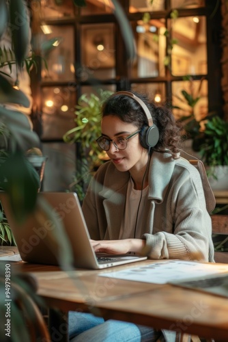 Adult Learner Engaged in Online Course at Trendy Coworking Space with Laptop and Headphones