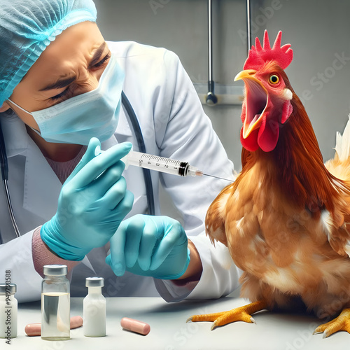 Female veterinarian is vaccinating a chicken