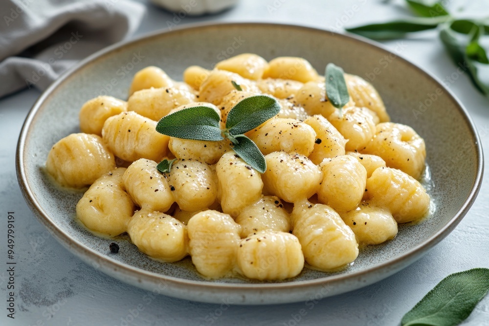 Steaming plate of gnocchi with sage and butter for autumn dinner Steaming plate of gnocchi with sage and butter for autumn dinner