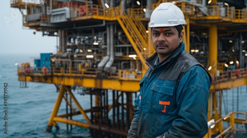 a skilled indian worker posing with a oil platform. He is wearing a white clean helmet and a blue jacket. photo