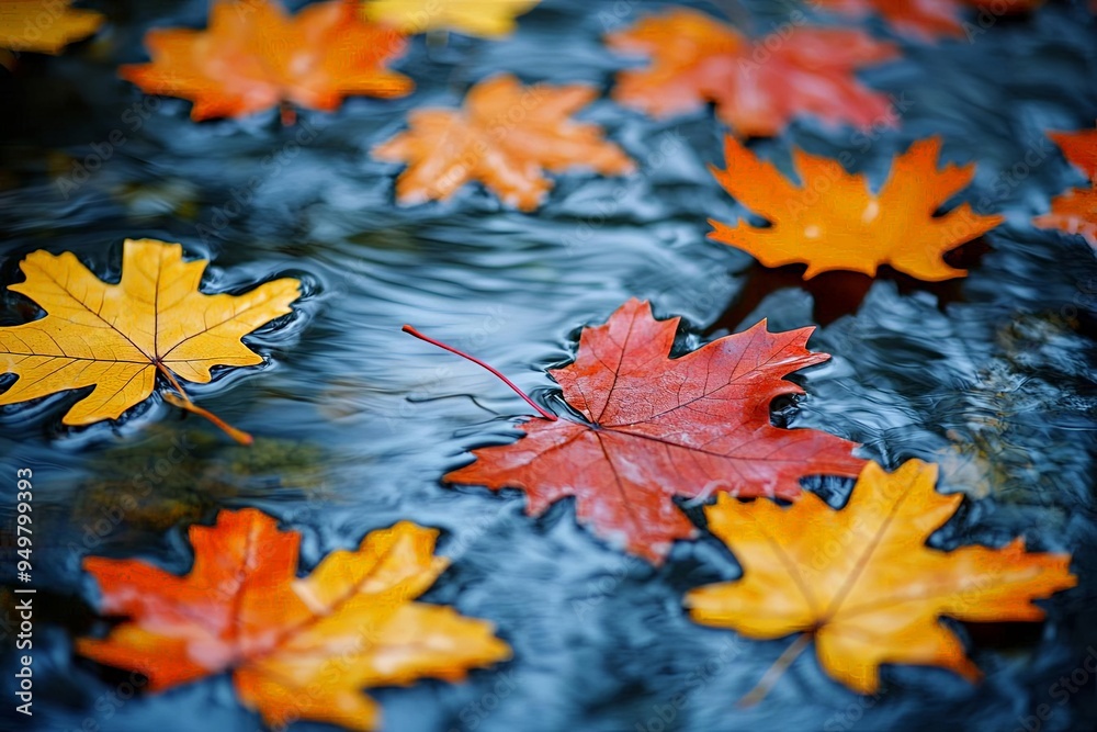 Vibrant autumn leaves floating in a stream, illuminated by soft evening light during the Fall Equinox, Fall Equinox, nature solstice Vibrant autumn leaves floating in a stream, illuminated by soft evening light during the Fall Equinox, Fall Equinox, nature solstice