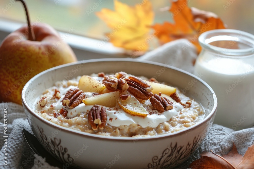 Bowl of oatmeal topped with pears and pecans for an autumn breakfast Bowl of oatmeal topped with pears and pecans for an autumn breakfast