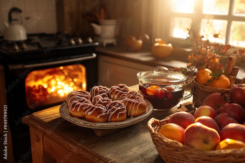 Cinnamon rolls and mulled wine warming on a table in a cozy autumn kitchen Cinnamon rolls and mulled wine warming on a table in a cozy autumn kitchen
