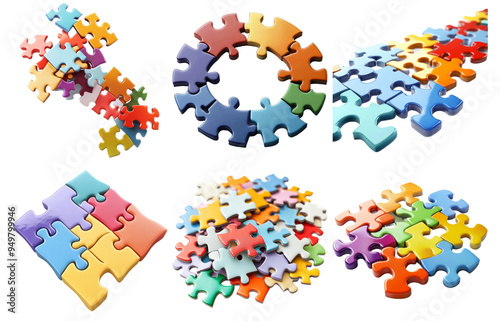 Collection of colorful jigsaw puzzle pieces isolated on transparent background