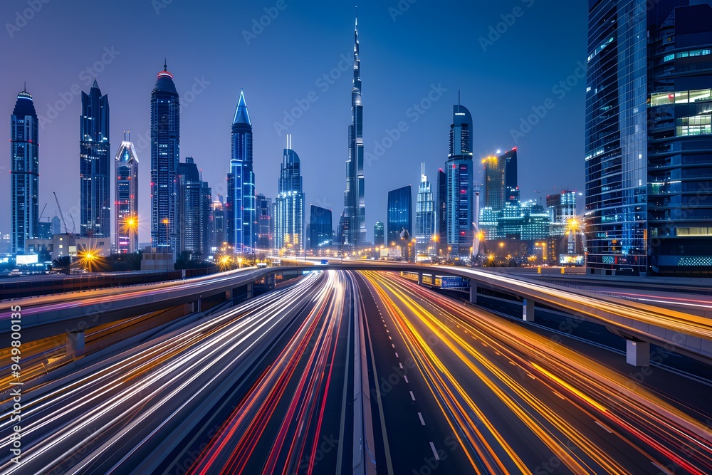 light trails of cars moving fast on the highway with skyscrapers light trails of cars moving fast on the highway with skyscrapers