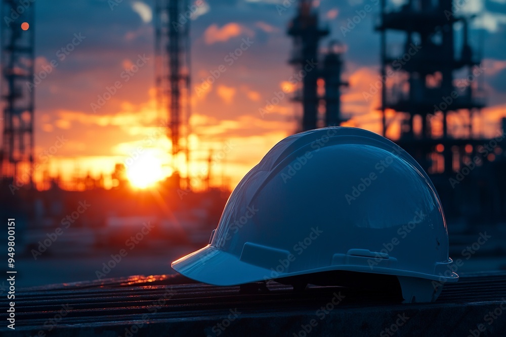 Beautiful image of an engineering helmet at sunset, civil construction generative ai
