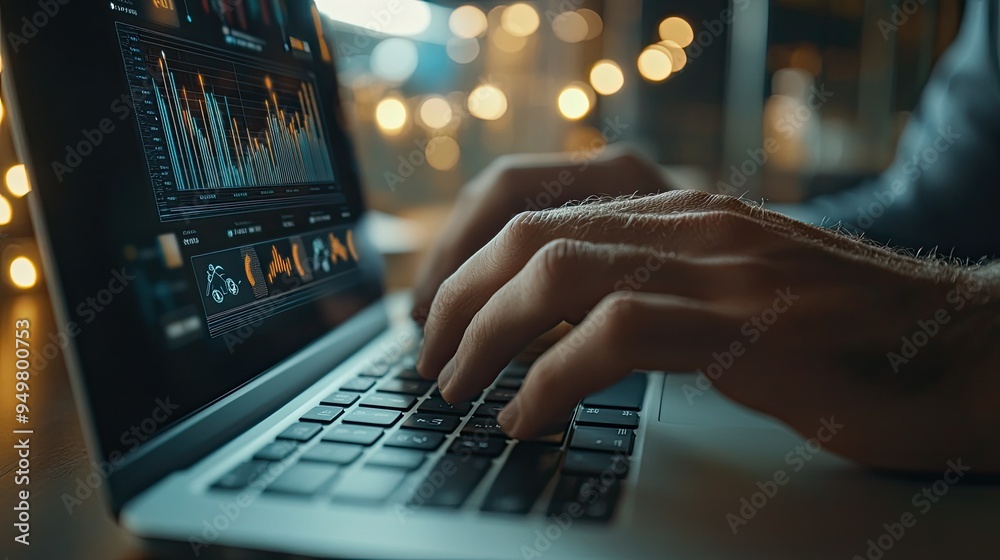 Close-up of a man's hand on a laptop keyboard in an office environment, with a marketing pop-up window offering promotional advice and analytics. Close-up of a man's hand on a laptop keyboard in an office environment, with a marketing pop-up window offering promotional advice and analytics.