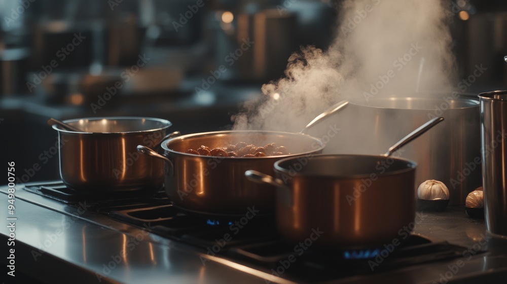 An early evening scene in a modern kitchen with steaming pots and fresh ingredients An early evening scene in a modern kitchen with steaming pots and fresh ingredients