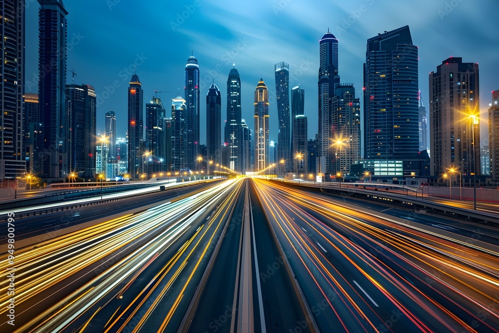 light trails of cars moving fast on the highway with skyscrapers light trails of cars moving fast on the highway with skyscrapers